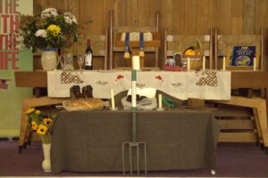 view of front of church with harvest festival items